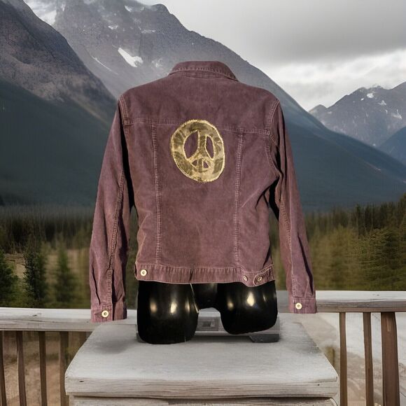 Eddie Bauer Women's Corduroy Jacket Medium Button Down Peace Sign Back Boho - Picture 1 of 4